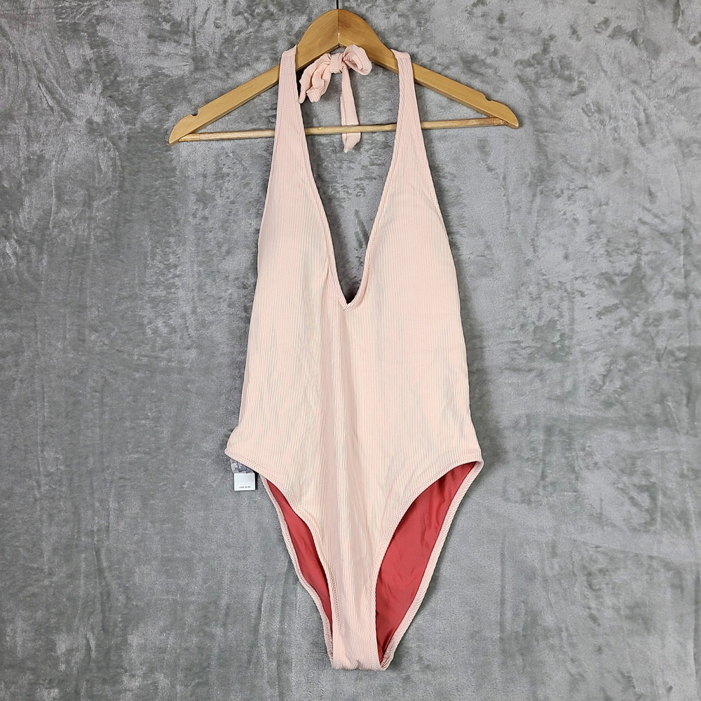 NWT Aerie One Piece Swimsuit Pale Pink Textured Ribbed Halter Neck Size M